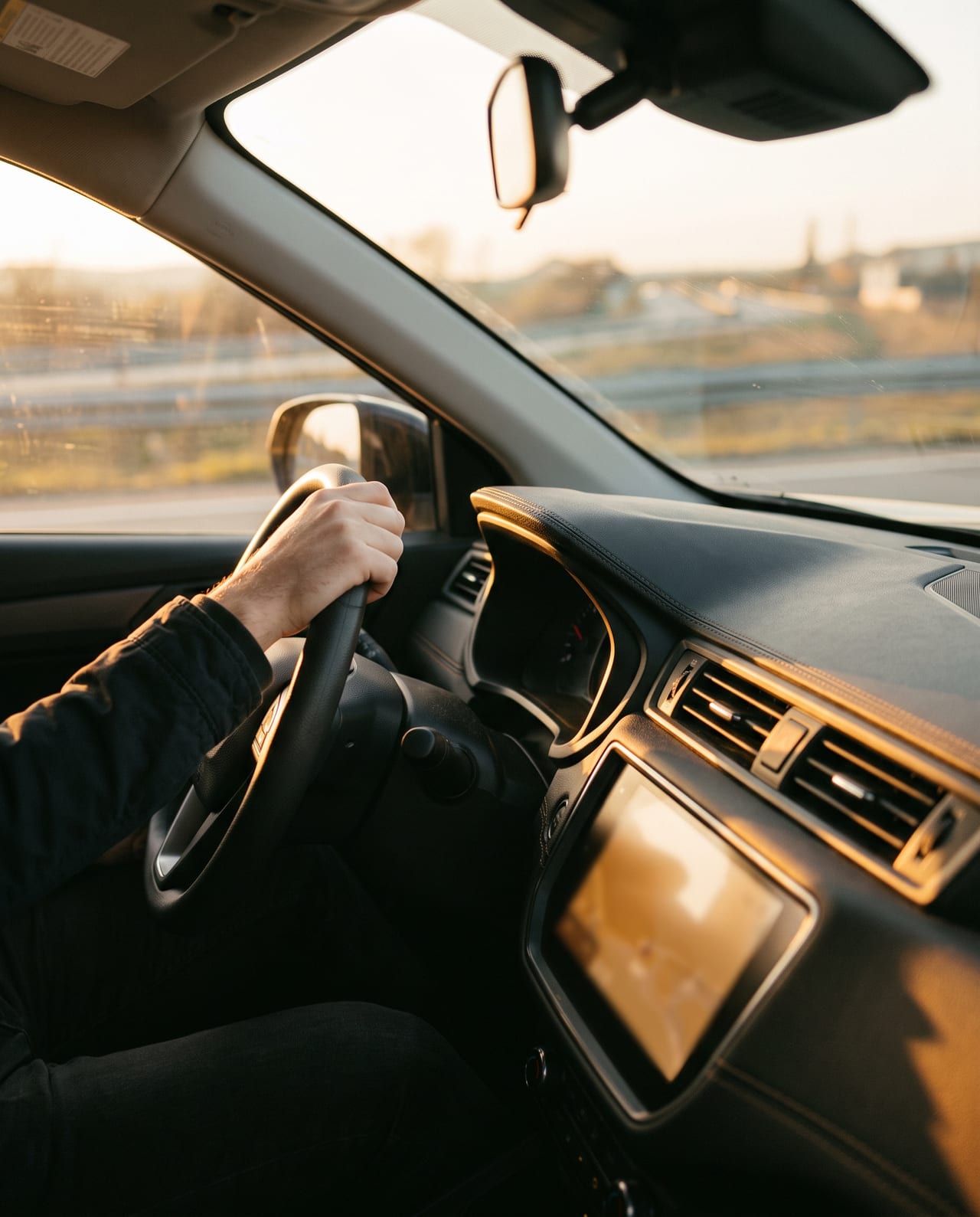 A driver on a highway at golden hour with the dashboard screen lit
