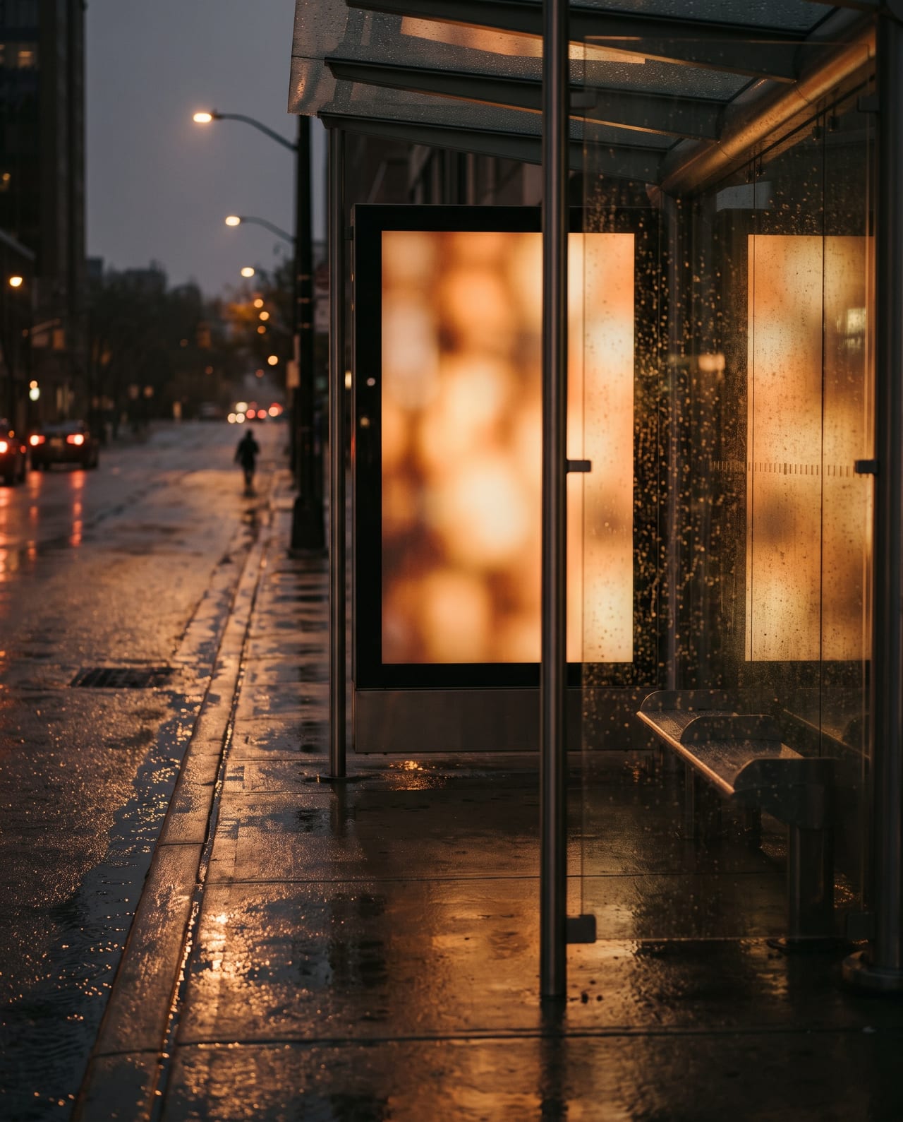 A digital screen at a transit shelter on a wet street at night