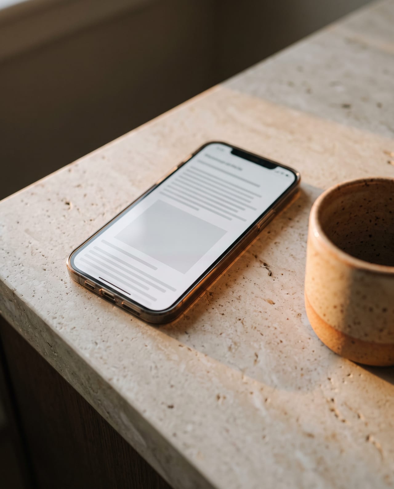 A phone showing a news article on a kitchen counter