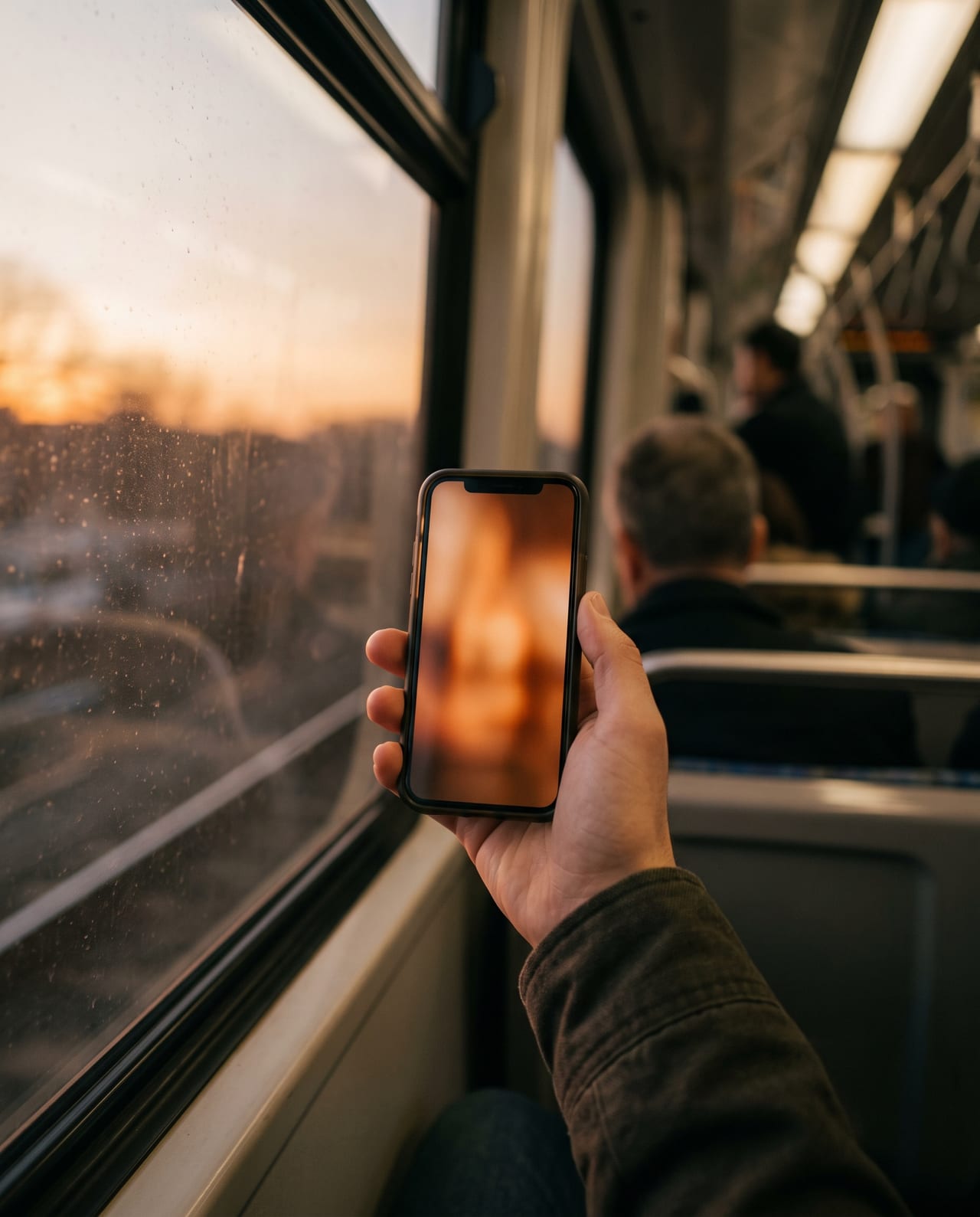 Someone watching a short video on a phone on a train at dusk