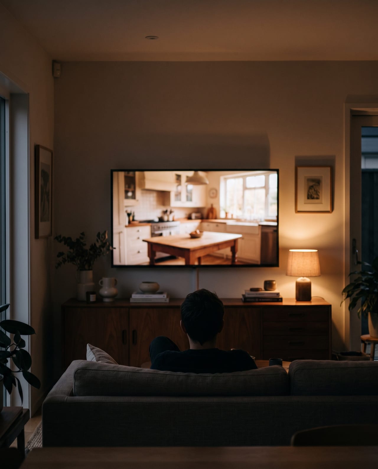 A living room at night lit by a streaming TV