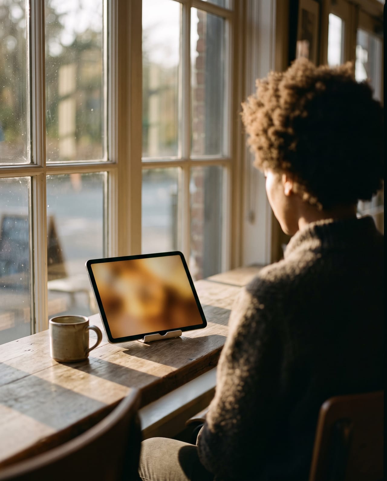 Someone watching a video on a tablet at a café window