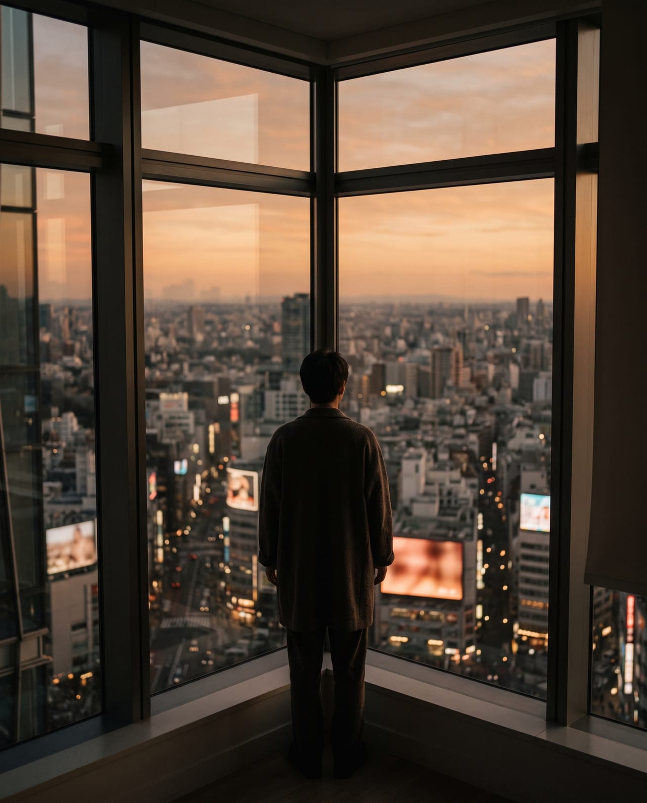 A person at a window above a city at dusk, digital screens glowing below