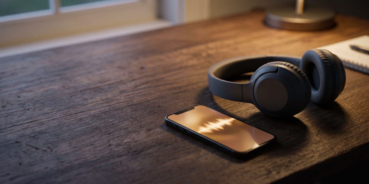 Headphones beside a phone on a desk at dusk