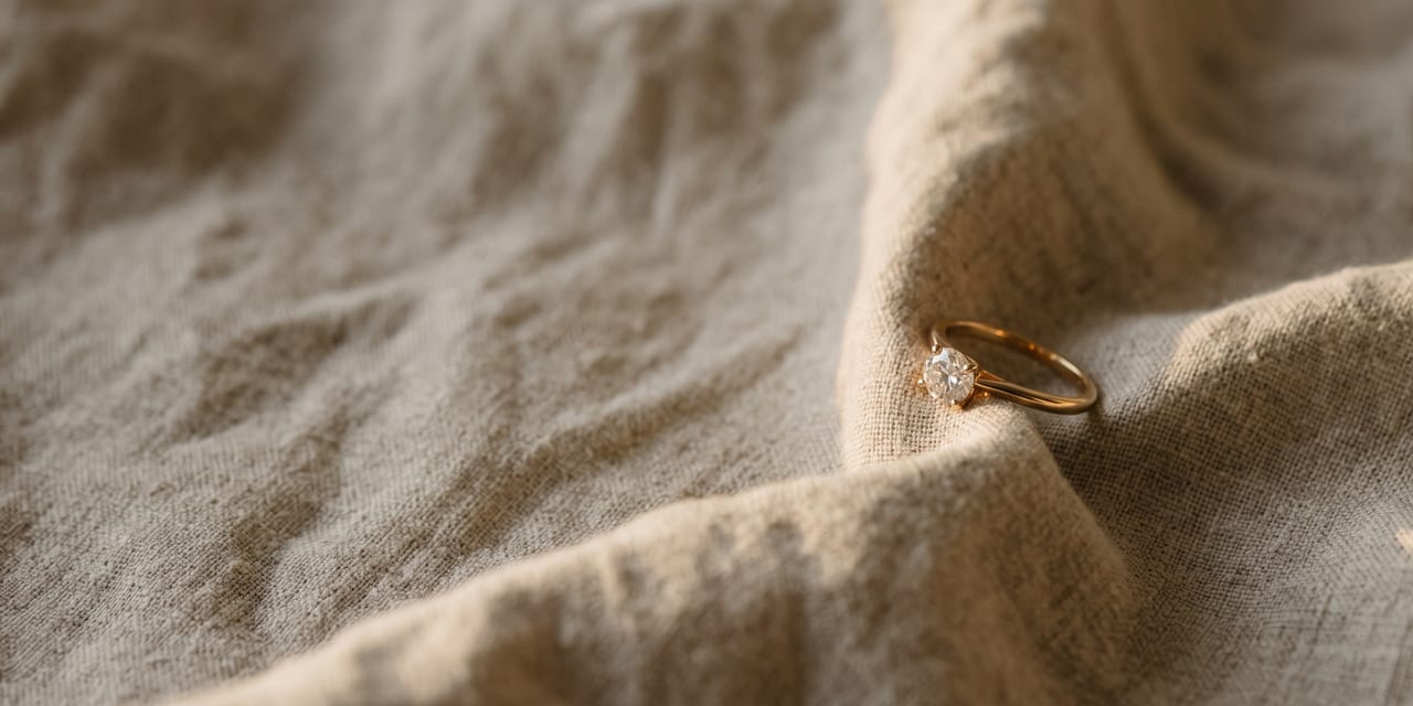 A diamond ring resting on linen