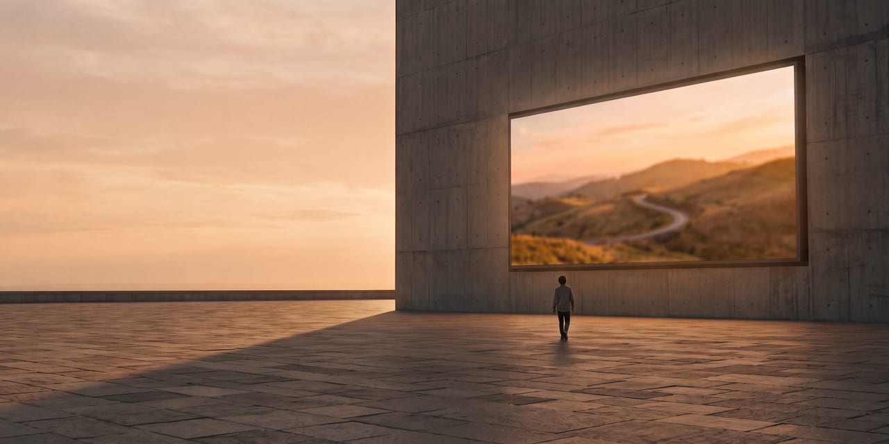 A person crossing a city plaza toward a large digital billboard at dusk